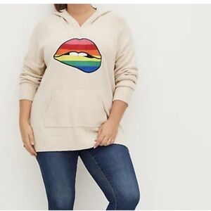TORRID Size 2 Raglan Hoodie Sweater Rainbow Lips Pride Oatmeal